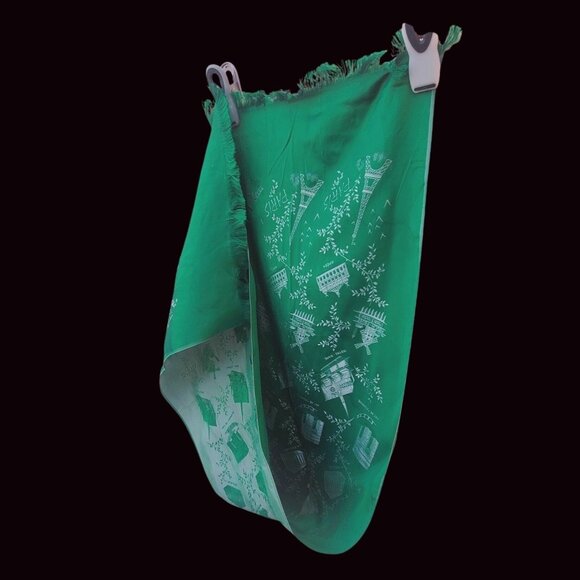 Distressed Antique Green Scarf Paris Souvenir With Landmarks & Moth Holes 47" - Picture 11 of 11